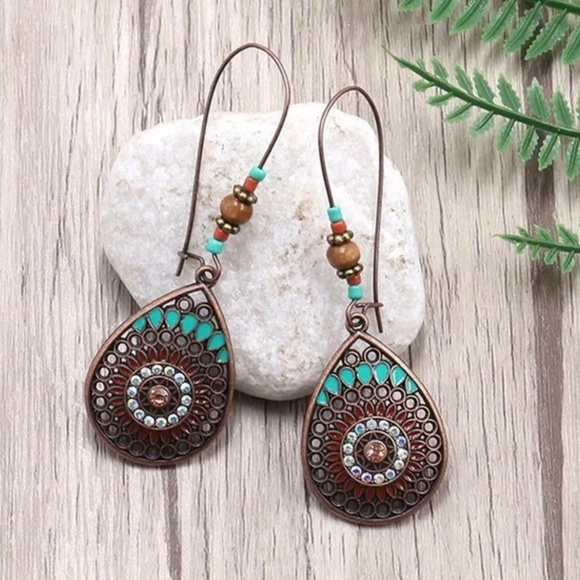 Earrings pierced Boho Glam teardrop drop dangle Copper beaded - Picture 2 of 4